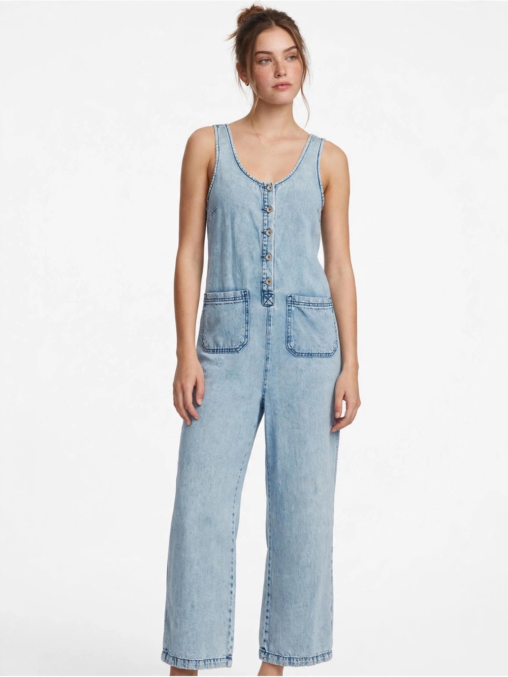 Light Wash Denim Button-Front Women's Overalls